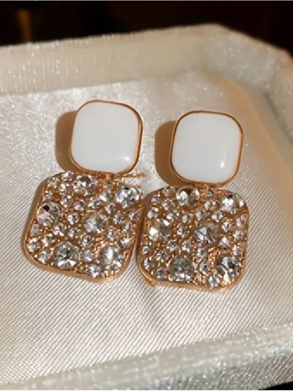 Gold-Tone White & Crystal Square Drop Earrings